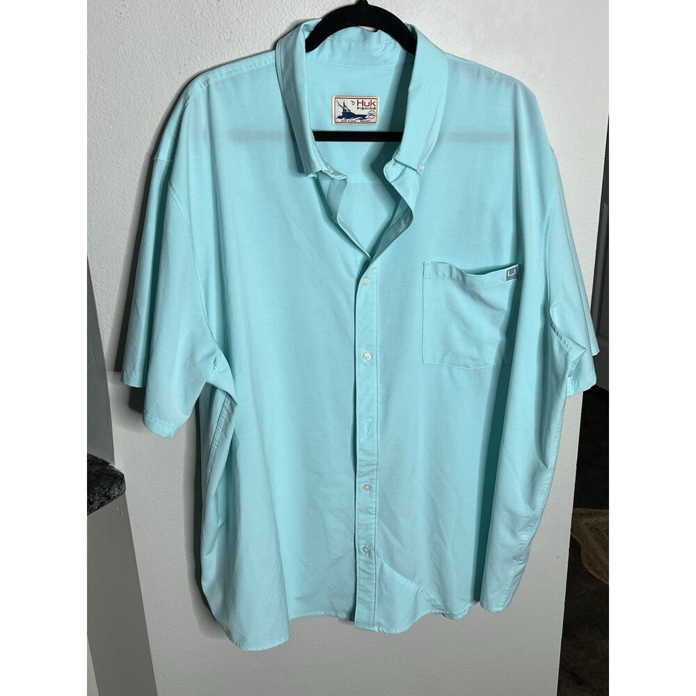 Huk Fishing Mens 3XL Button Front Shirt Blue Print Short Sleeved Stretch